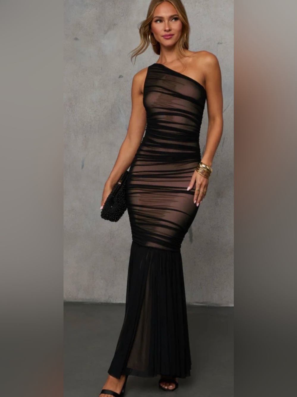 One-Shoulder Black Mesh Mermaid Evening Dress